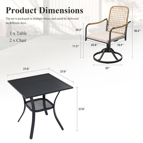 Vicllax 3-Piece Patio Bistro Set, Rope-woven  Swivel Chairs and 27.6" Metal Square Table