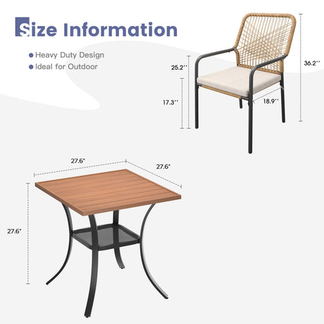 Vicllax 3-Piece Patio Bistro Set, Alora Stackable Chair and 27.6" Metal Square Table