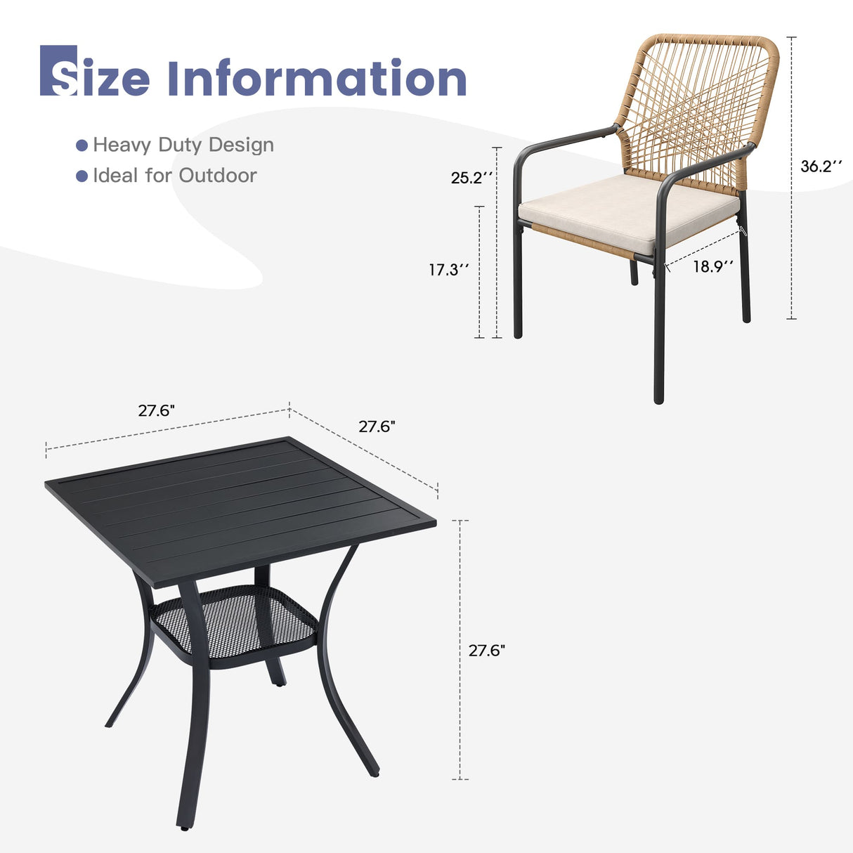 Vicllax 3-Piece Patio Bistro Set, Alora Stackable Chair and 27.6" Metal Square Table