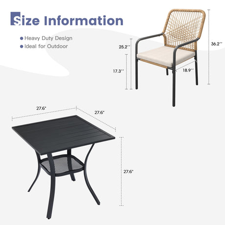 Vicllax 3-Piece Patio Bistro Set, Alora Stackable Chair and 27.6" Metal Square Table