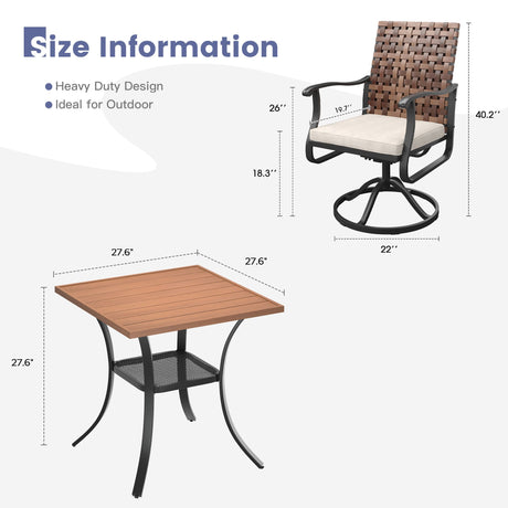 Vicllax 3-Piece Patio Bistro Set, Sierra/Sienna Swivel Chair and 27.6" Metal Square Table