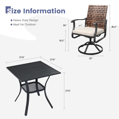 Vicllax 3-Piece Patio Bistro Set, Sierra/Sienna Swivel Chair and 27.6" Metal Square Table