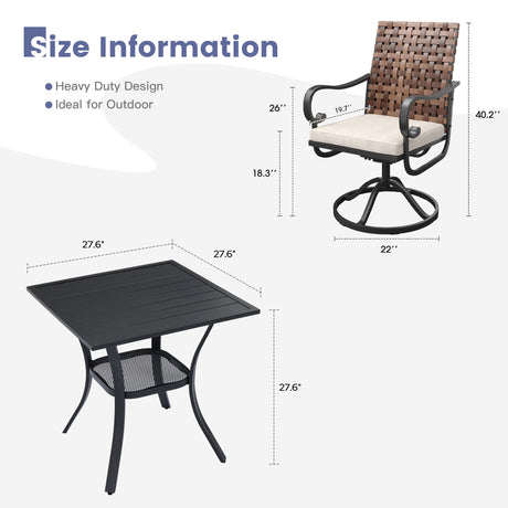 Vicllax 3-Piece Patio Bistro Set, Sierra/Sienna Swivel Chair and 27.6" Metal Square Table