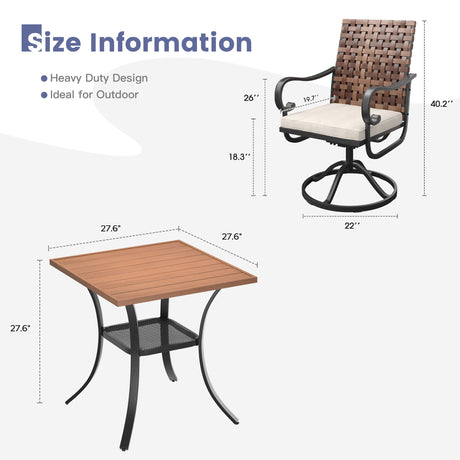 Vicllax 3-Piece Patio Bistro Set, Sierra/Sienna Swivel Chair and 27.6" Metal Square Table