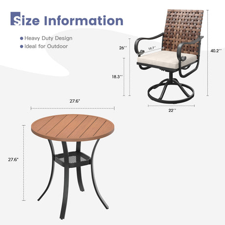 Vicllax 3-Piece Patio Bistro Set, Sierra/Sienna Swivel Chair and 27.6" Metal Round Table
