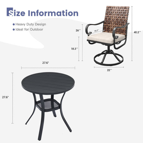 Vicllax 3-Piece Patio Bistro Set, Sierra/Sienna Swivel Chair and 27.6" Metal Round Table
