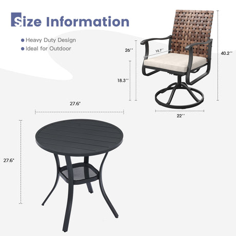 Vicllax 3-Piece Patio Bistro Set, Sierra/Sienna Swivel Chair and 27.6" Metal Round Table