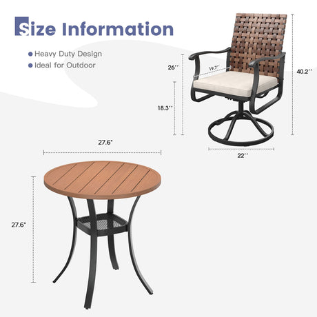 Vicllax 3-Piece Patio Bistro Set, Sierra/Sienna Swivel Chair and 27.6" Metal Round Table