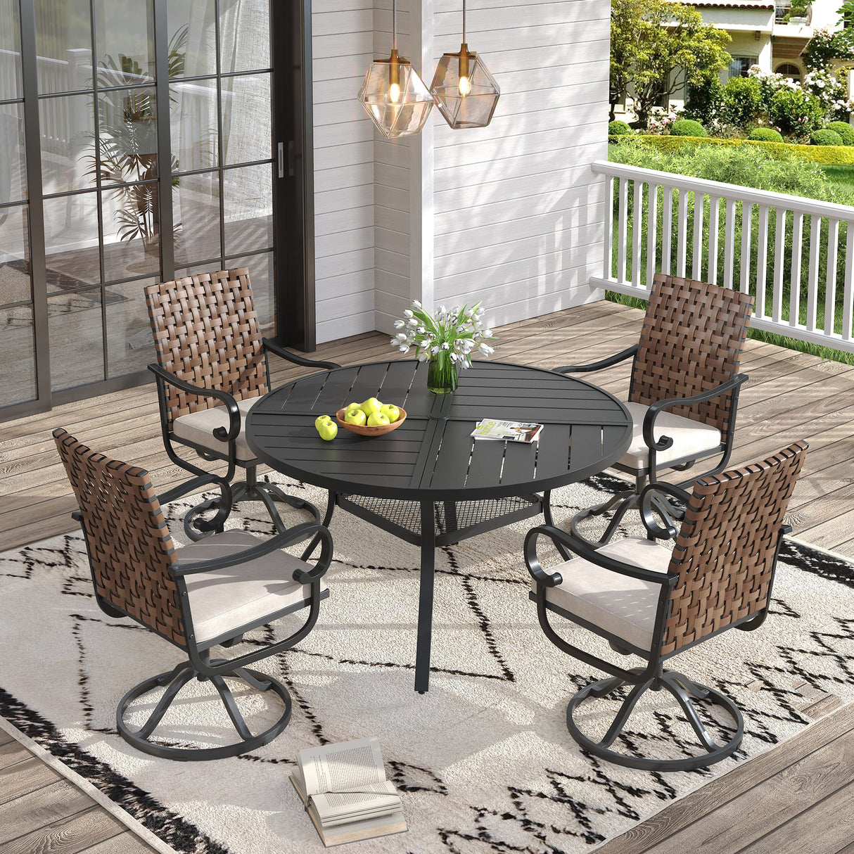 Vicllax 5 PCS Patio Dining Table Set, 47" Round Metal Table and Sierra Swivel Chair
