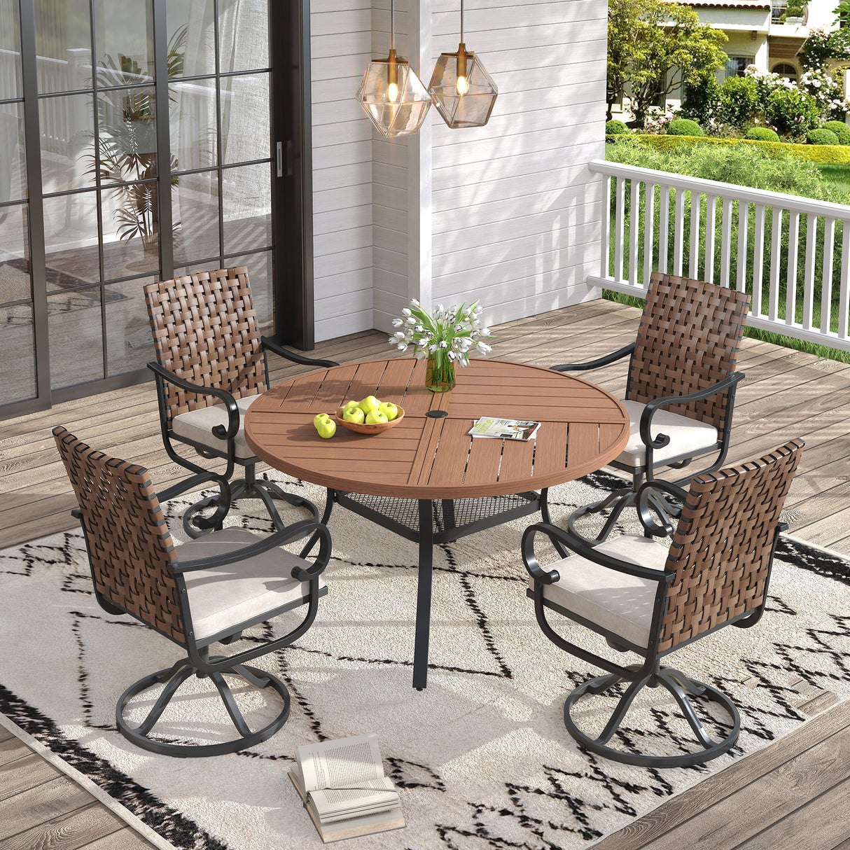 Vicllax 5 PCS Patio Dining Table Set, 47" Round Metal Table and Sierra Swivel Chair