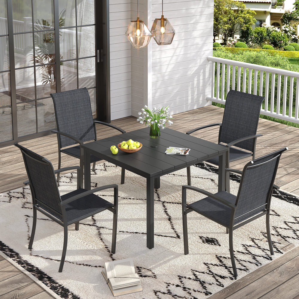 Vicllax 5 Pieces Outdoor Dining Set, Patio Square Metal Table and Skyline Stackable Chair