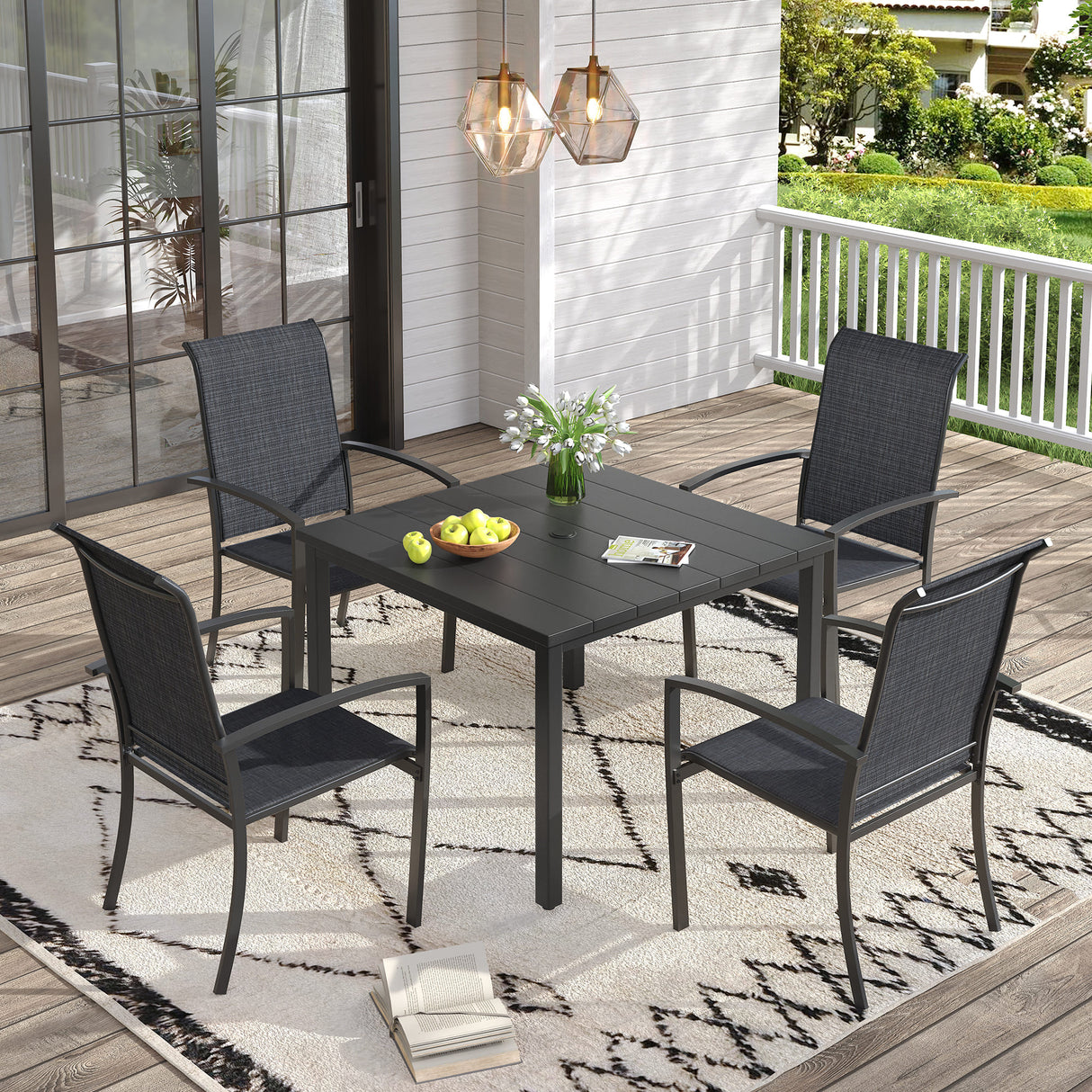 Vicllax 5 Pieces Outdoor Dining Set, Patio Square Metal Table and Skyline Stackable Chair