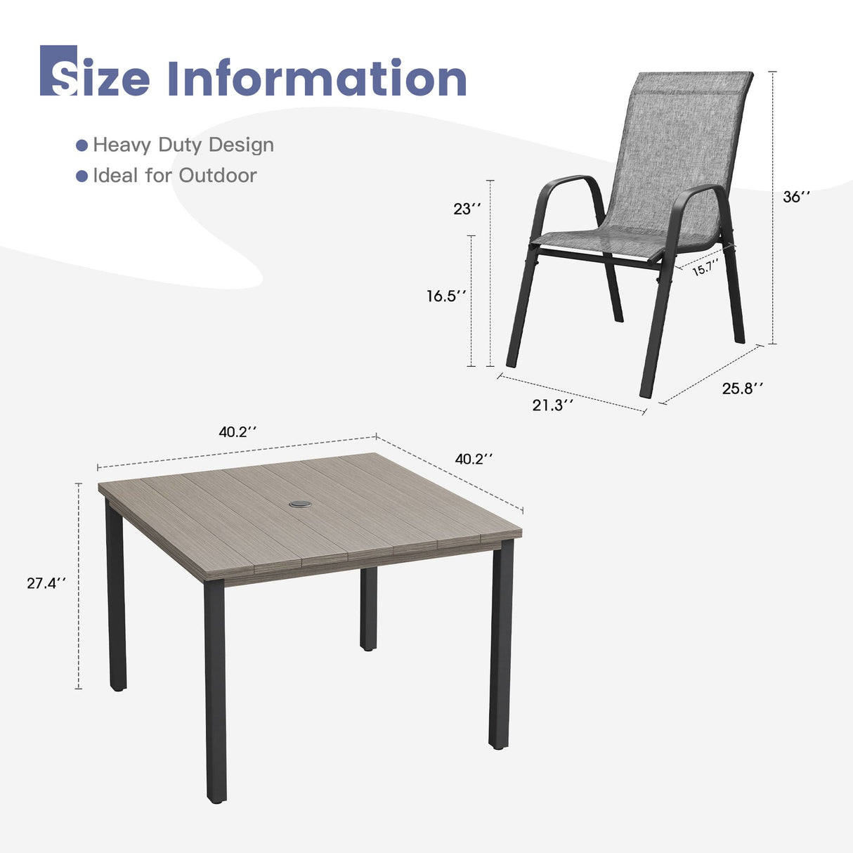 Vicllax 5 Pieces Outdoor Dining Set, Patio Square Metal Table and Horizon Stackable Chair