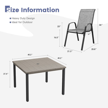 Vicllax 5 Pieces Outdoor Dining Set, Patio Square Metal Table and Horizon Stackable Chair