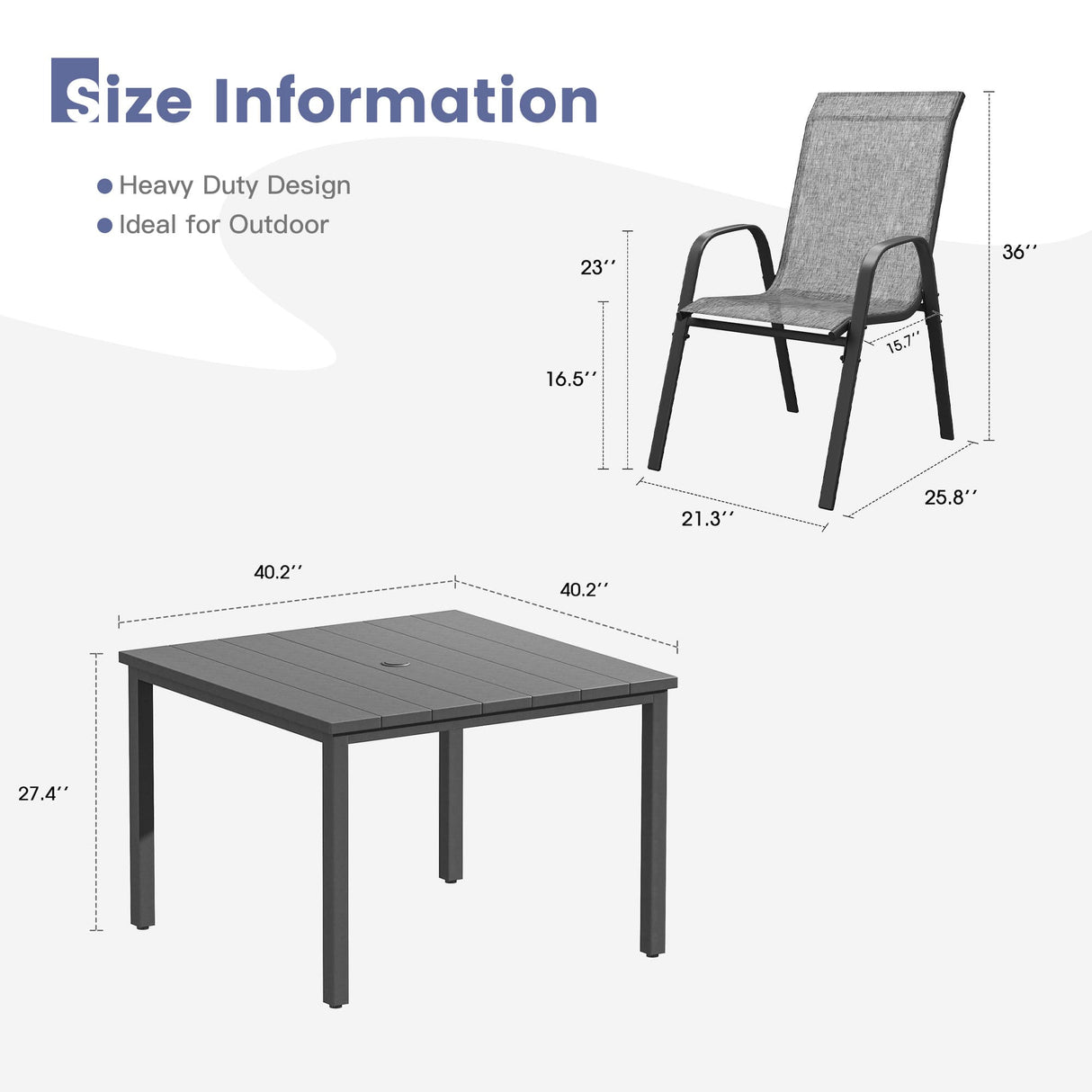 Vicllax 5 Pieces Outdoor Dining Set, Patio Square Metal Table and Horizon Stackable Chair