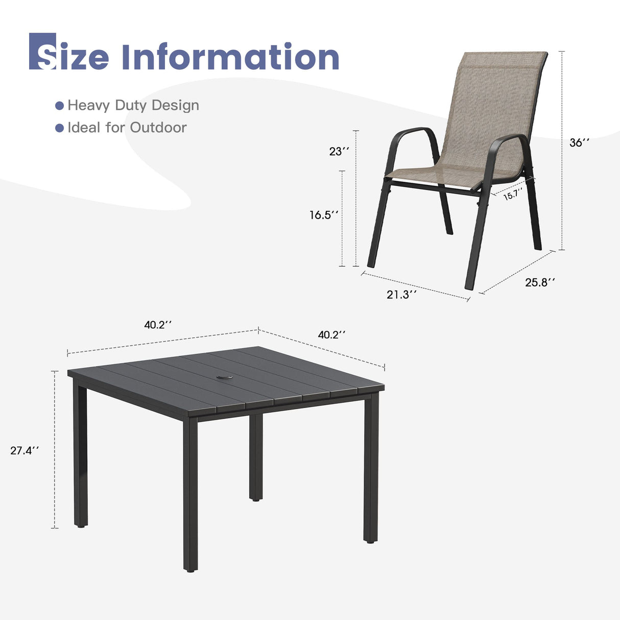 Vicllax 5 Pieces Outdoor Dining Set, Patio Square Metal Table and Horizon Stackable Chair