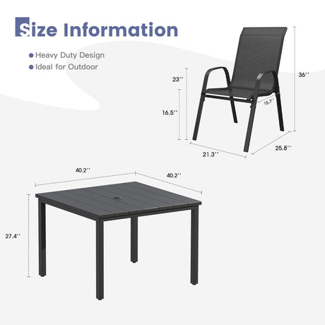Vicllax 5 Pieces Outdoor Dining Set, Patio Square Metal Table and Horizon Stackable Chair