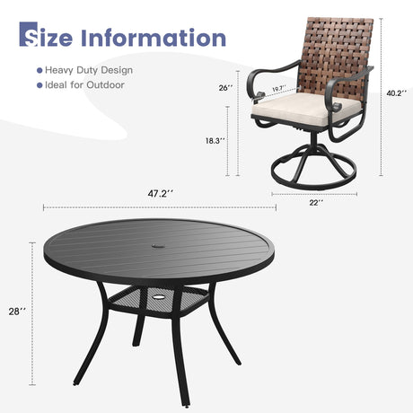 Vicllax 5 PCS Patio Dining Table Set, 47.2" Round Metal Table and Sierra Swivel Chair
