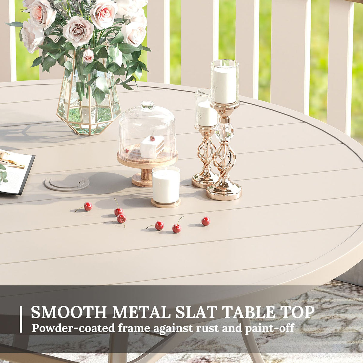 Vicllax Juego de comedor para exterior de 9 piezas con mesa redonda de metal de 54" y sillones de textileno 