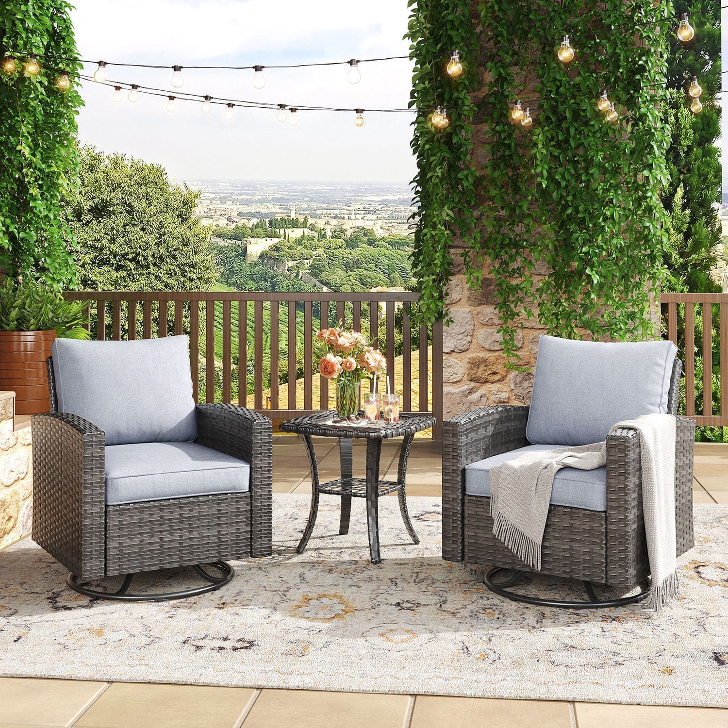 Vicllax Patio Wide Wicker Cushioned Sofa, Outdoor Wicker Chair, Double Lounge Balcony Seat