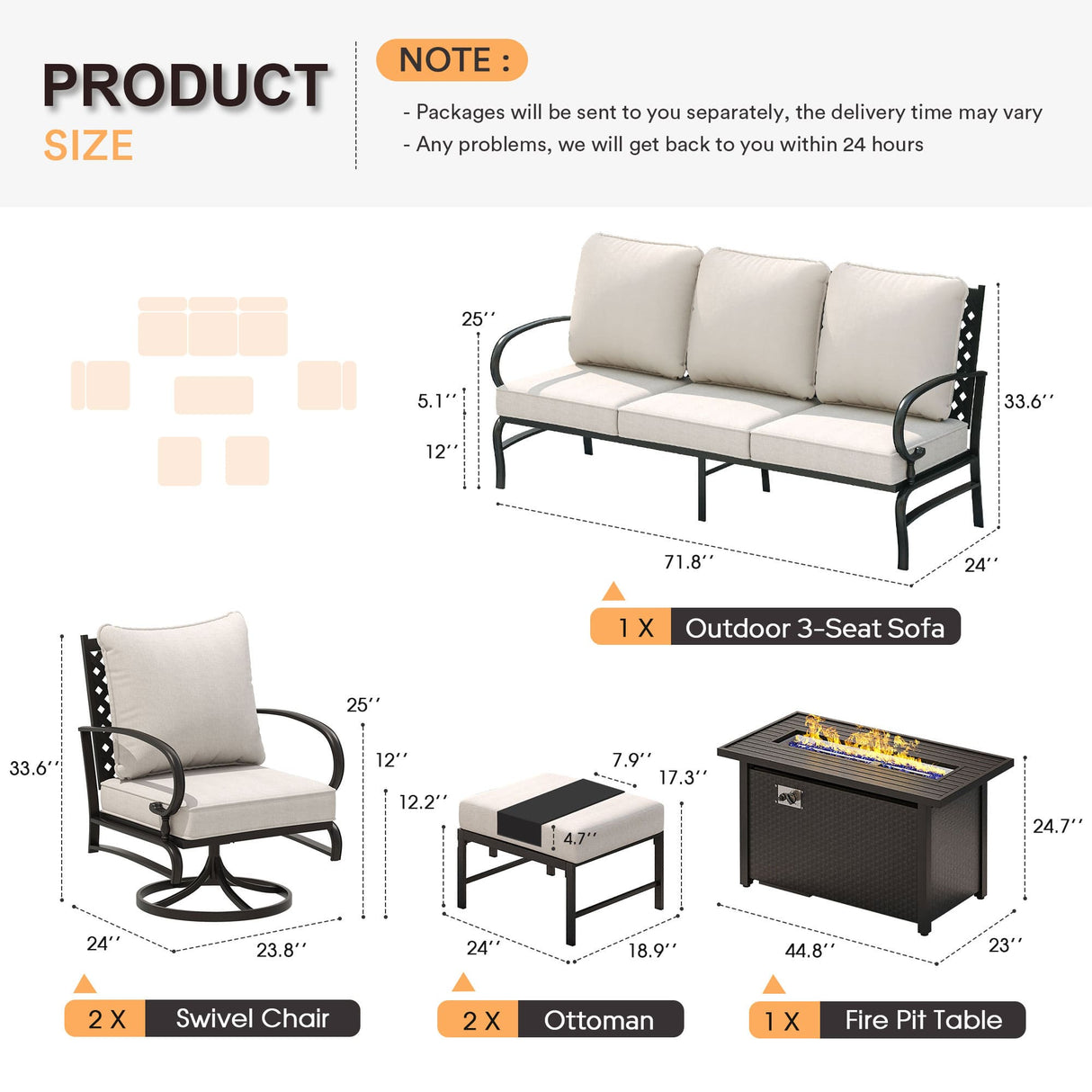 Vicllax 6-Piece Outdoor Patio Conversation Sofa Set With Metal Rectangular Fire Pit and Ottomans