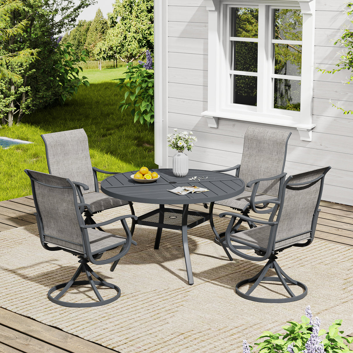 Vicllax 5 Pieces Outdoor Dining Set, 47.2" Metal Round Dining Table and Premium Swivel Chairs