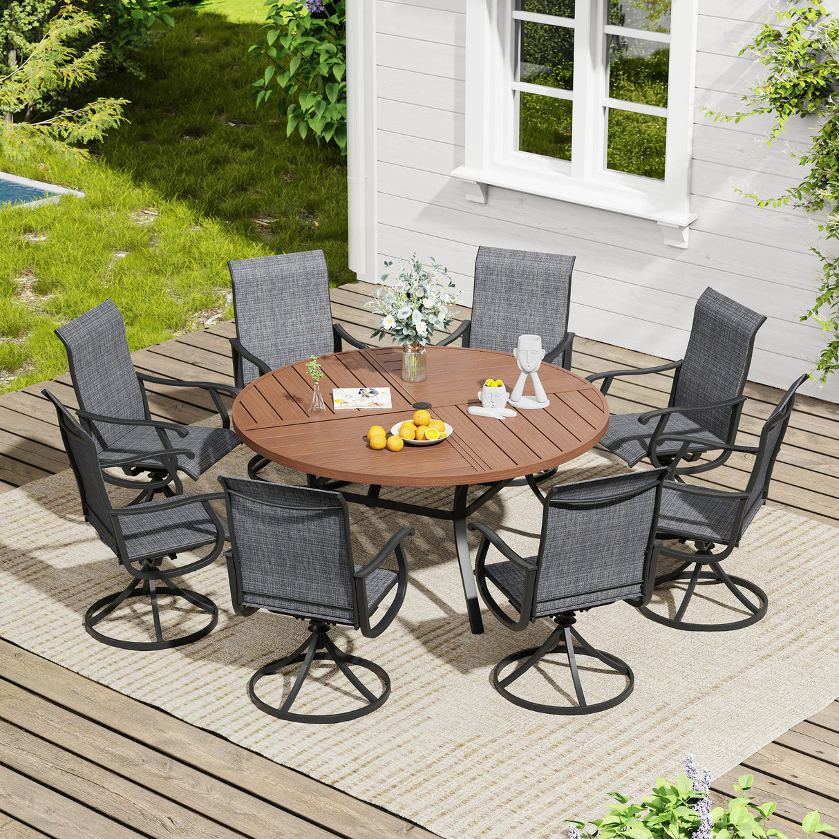 Vicllax 9 Pieces Outdoor Dining Set, 59.8" Metal Round Dining Table and Premium Swivel Chairs