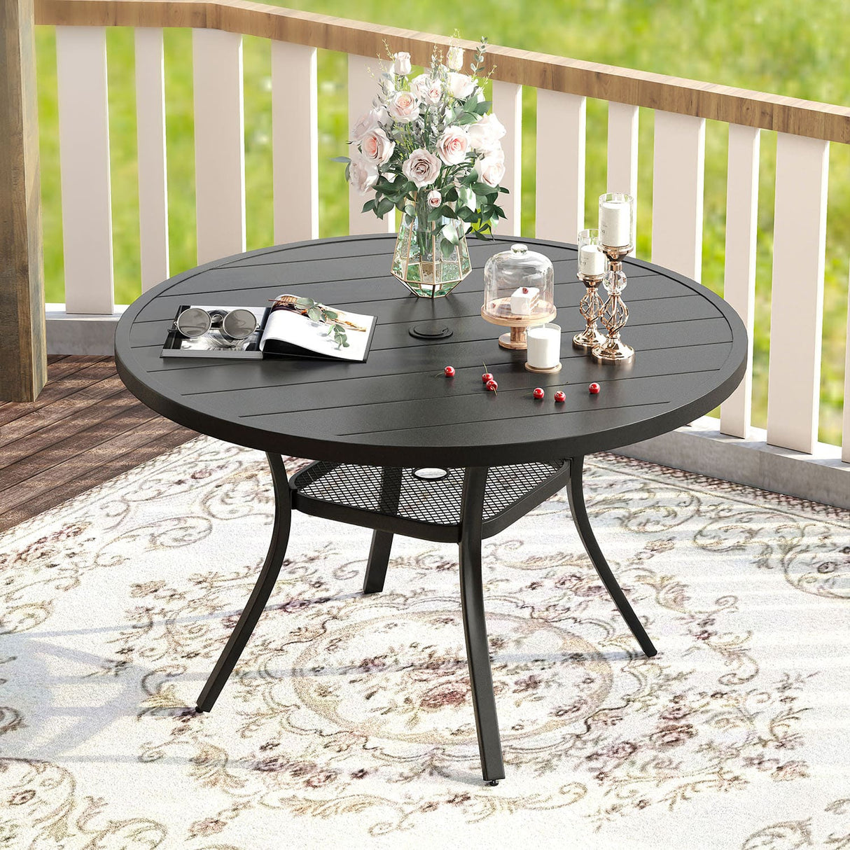 Vicllax Outdoor Round Metal Dining Table with Umbrella Hole for 4, 6
