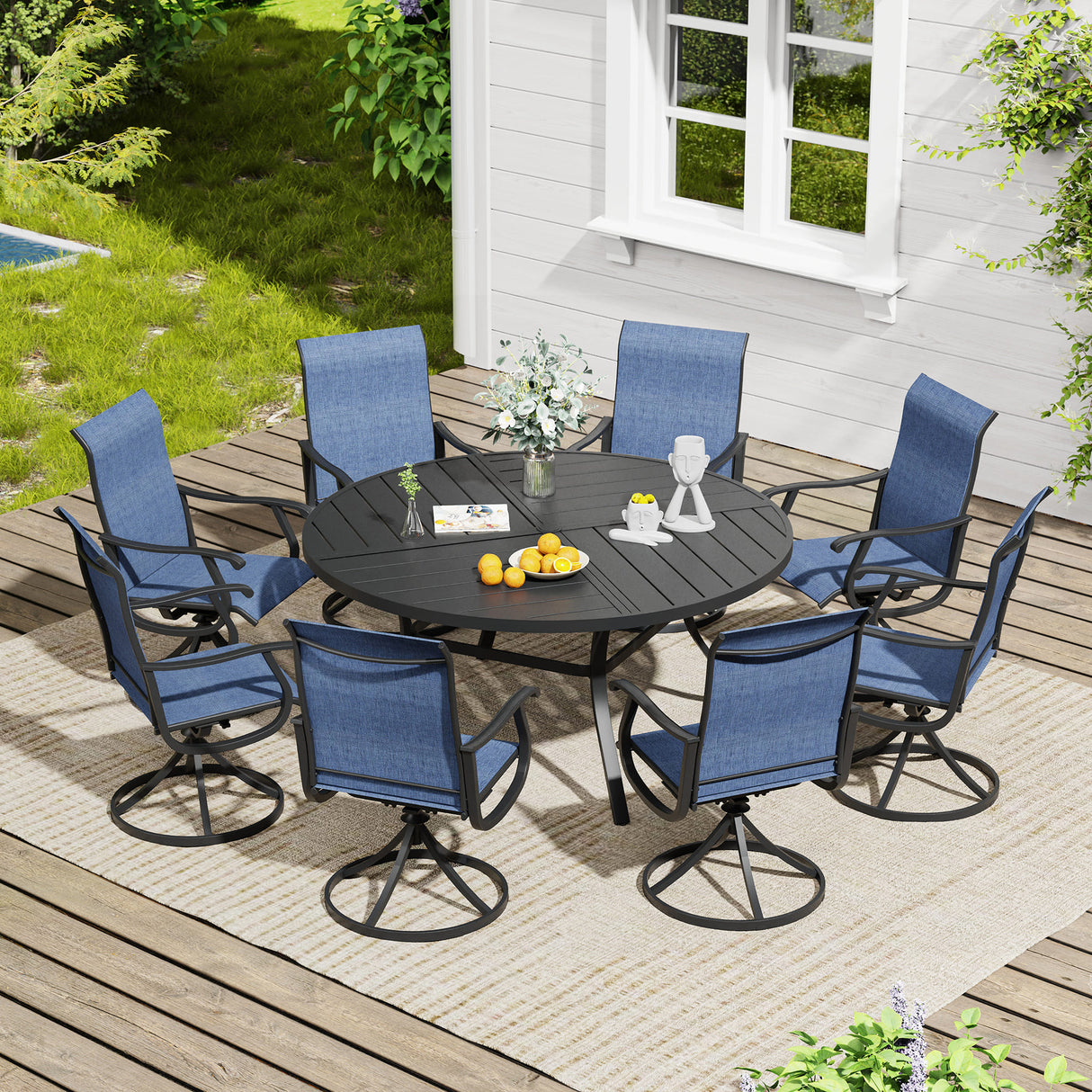 Vicllax 9 Pieces Outdoor Dining Set, 59.8" Metal Round Dining Table and Premium Swivel Chairs