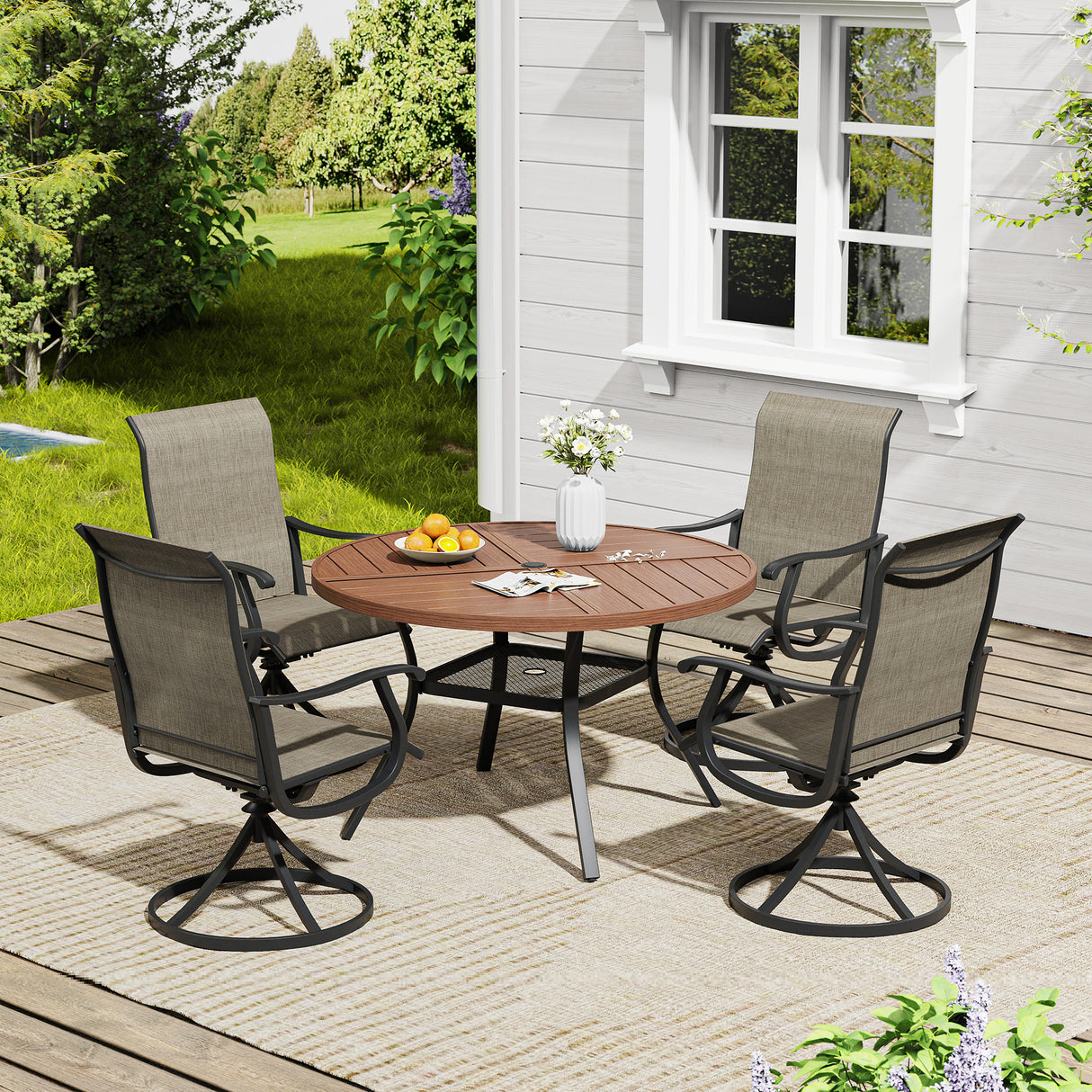 Vicllax 5 Pieces Outdoor Dining Set, 47.2" Metal Round Dining Table and Premium Swivel Chairs