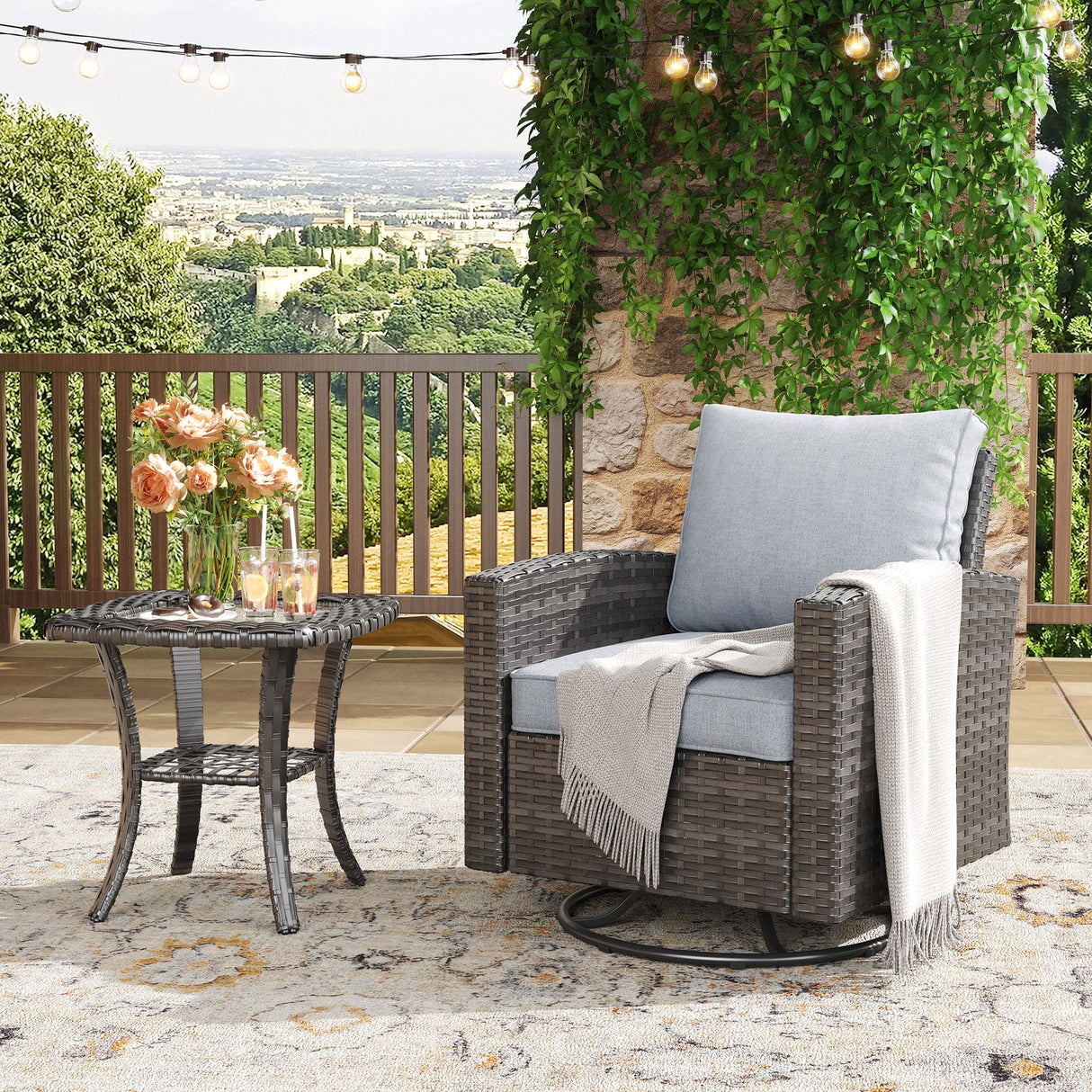 Vicllax Patio Wide Wicker Cushioned Sofa, Outdoor Wicker Chair, Double Lounge Balcony Seat
