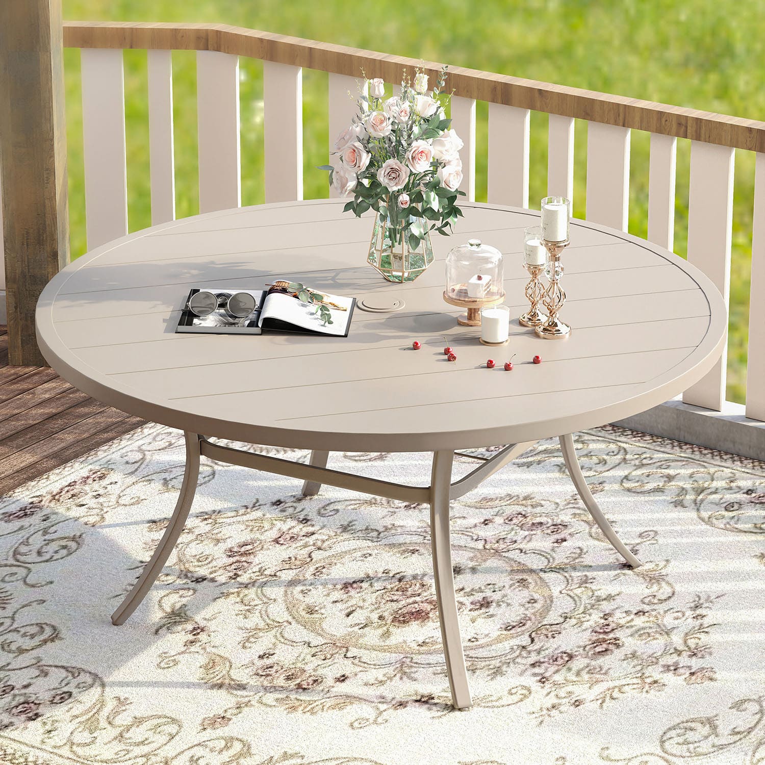 Vicllax 50” / 60" Outdoor Round Metal Dining Table with Umbrella Hole for 6,8
