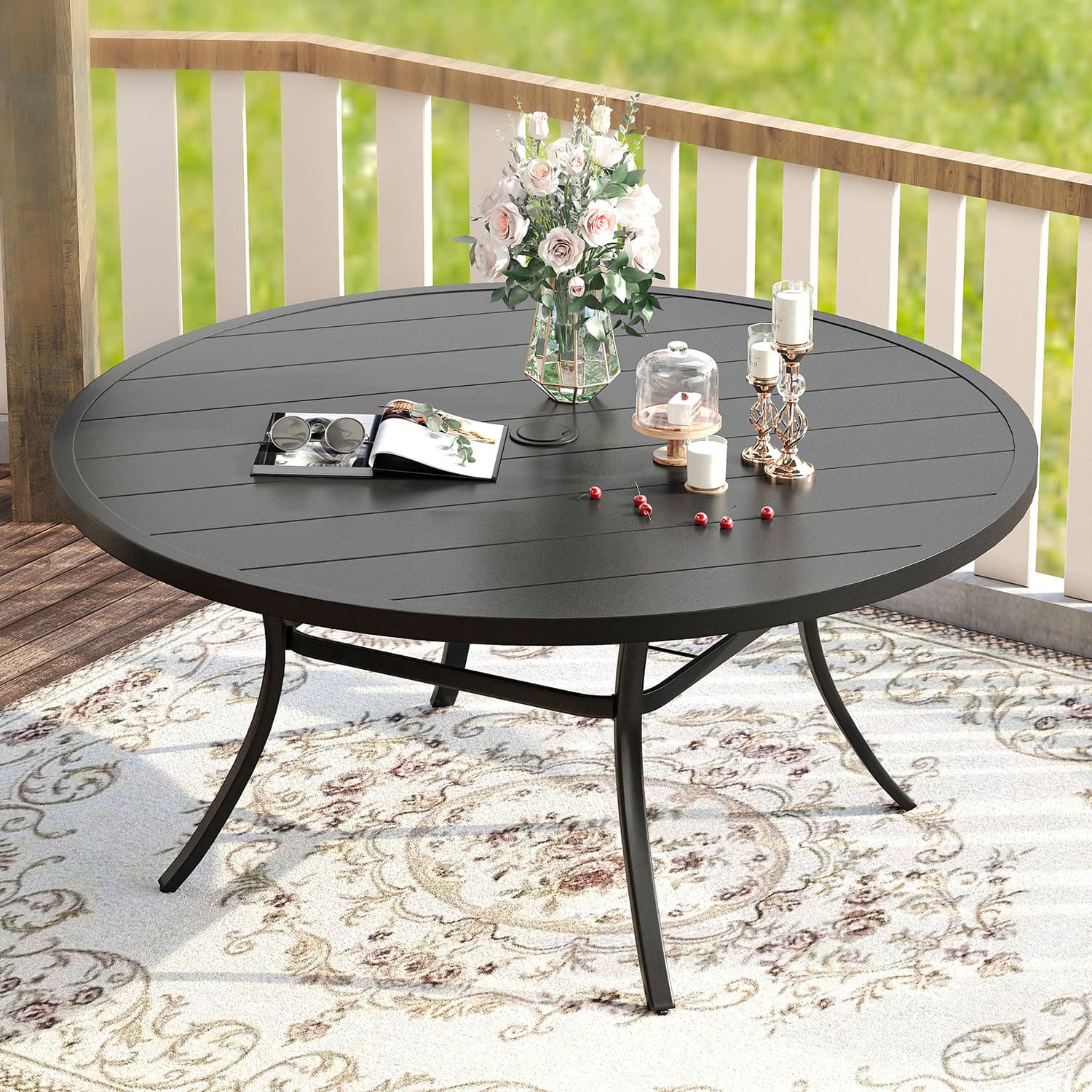 Vicllax 50” / 60" Outdoor Round Metal Dining Table with Umbrella Hole for 6,8