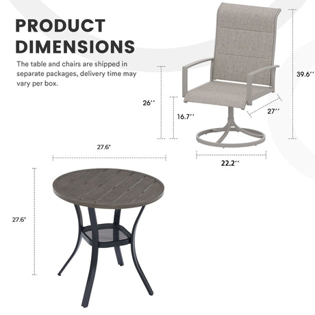 Vicllax 3-Piece Patio Bistro Set, Outdoor Swivel Chairs and Metal Round Table