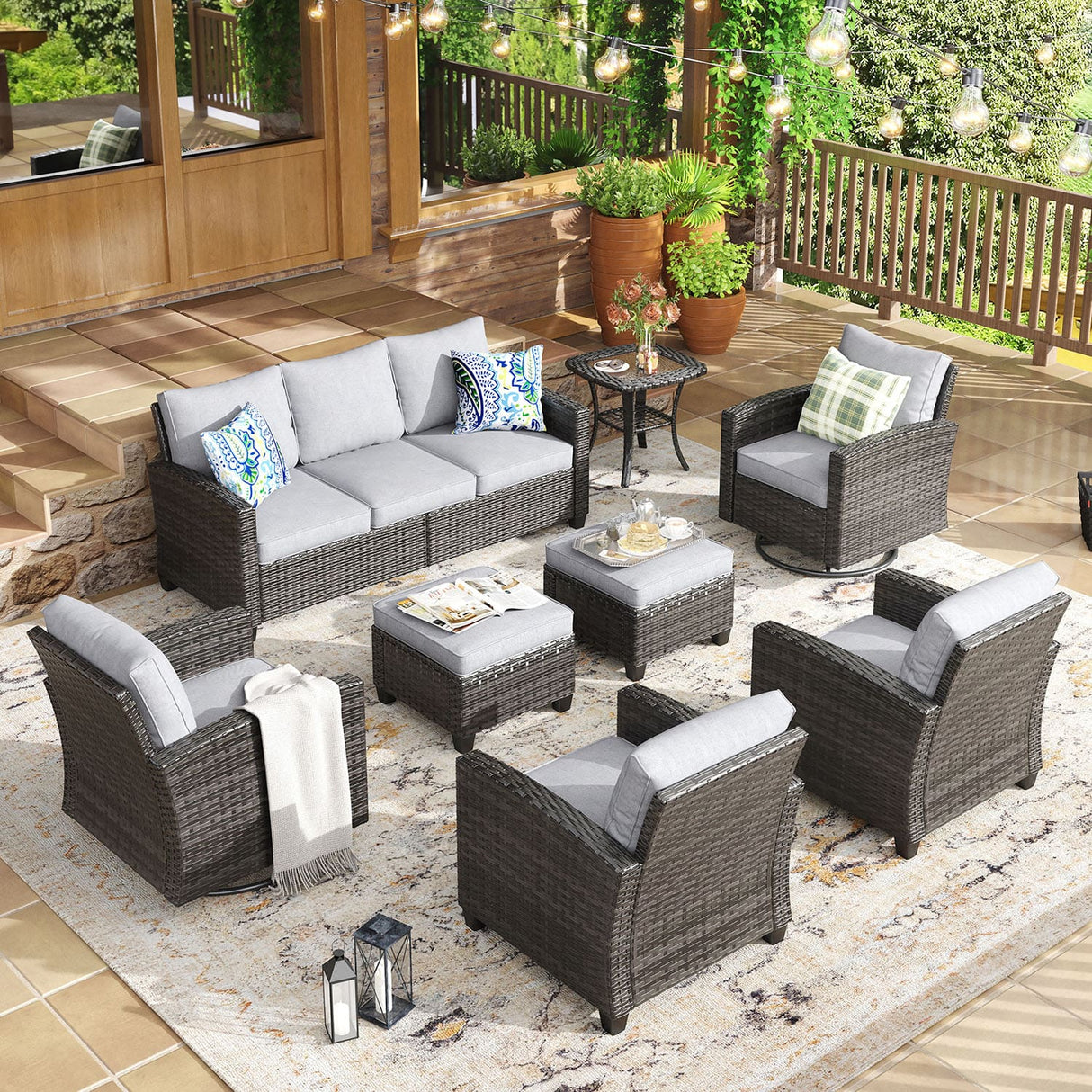 Vicllax Garden Conversation Set with Cushioned Sofa Chairs, Ottomans and Coffee Table