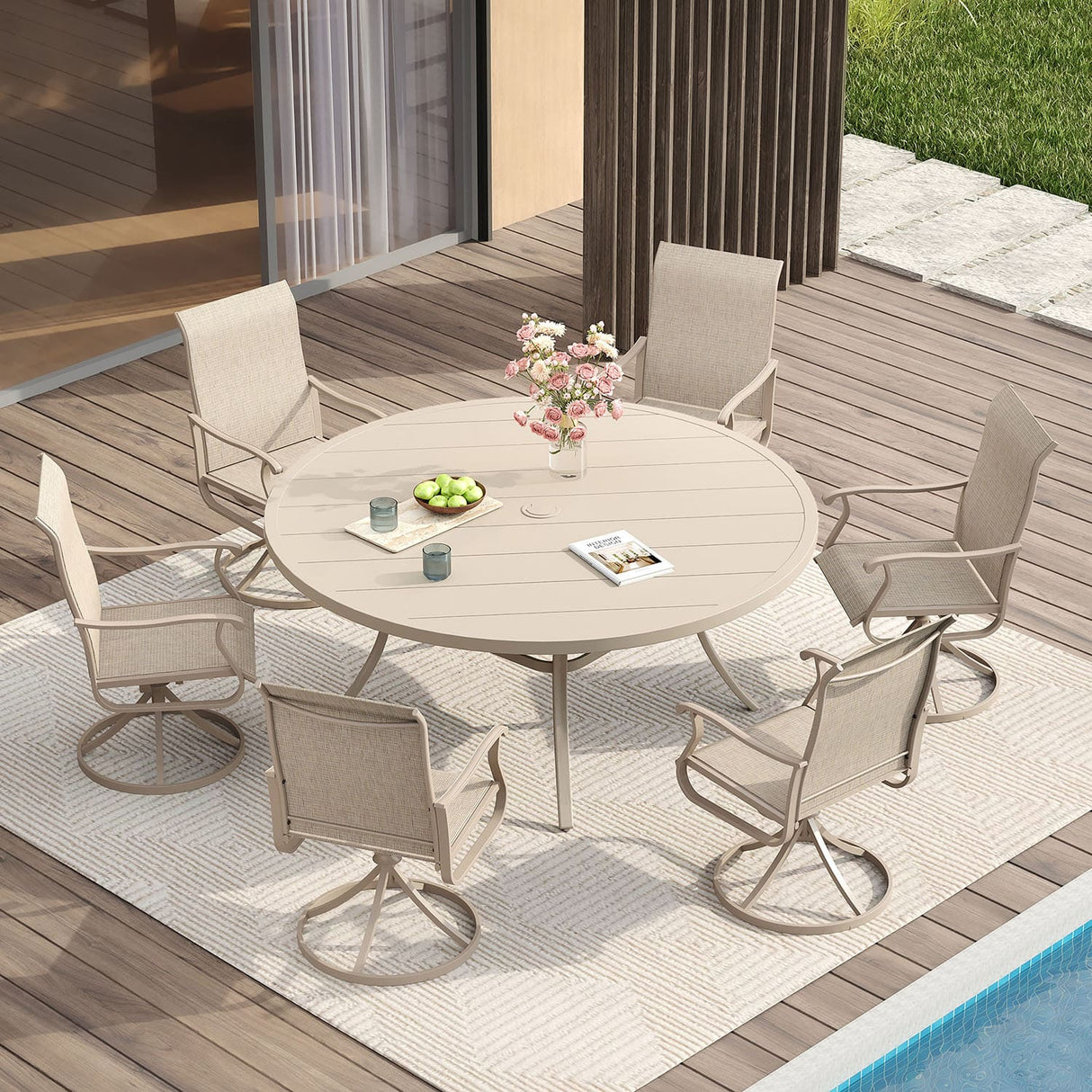 Vicllax 50” / 60" Outdoor Round Metal Dining Table with Umbrella Hole for 6,8