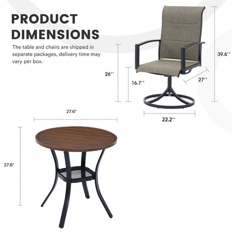 Vicllax 3-Piece Patio Bistro Set, Outdoor Swivel Chairs and Metal Round Table