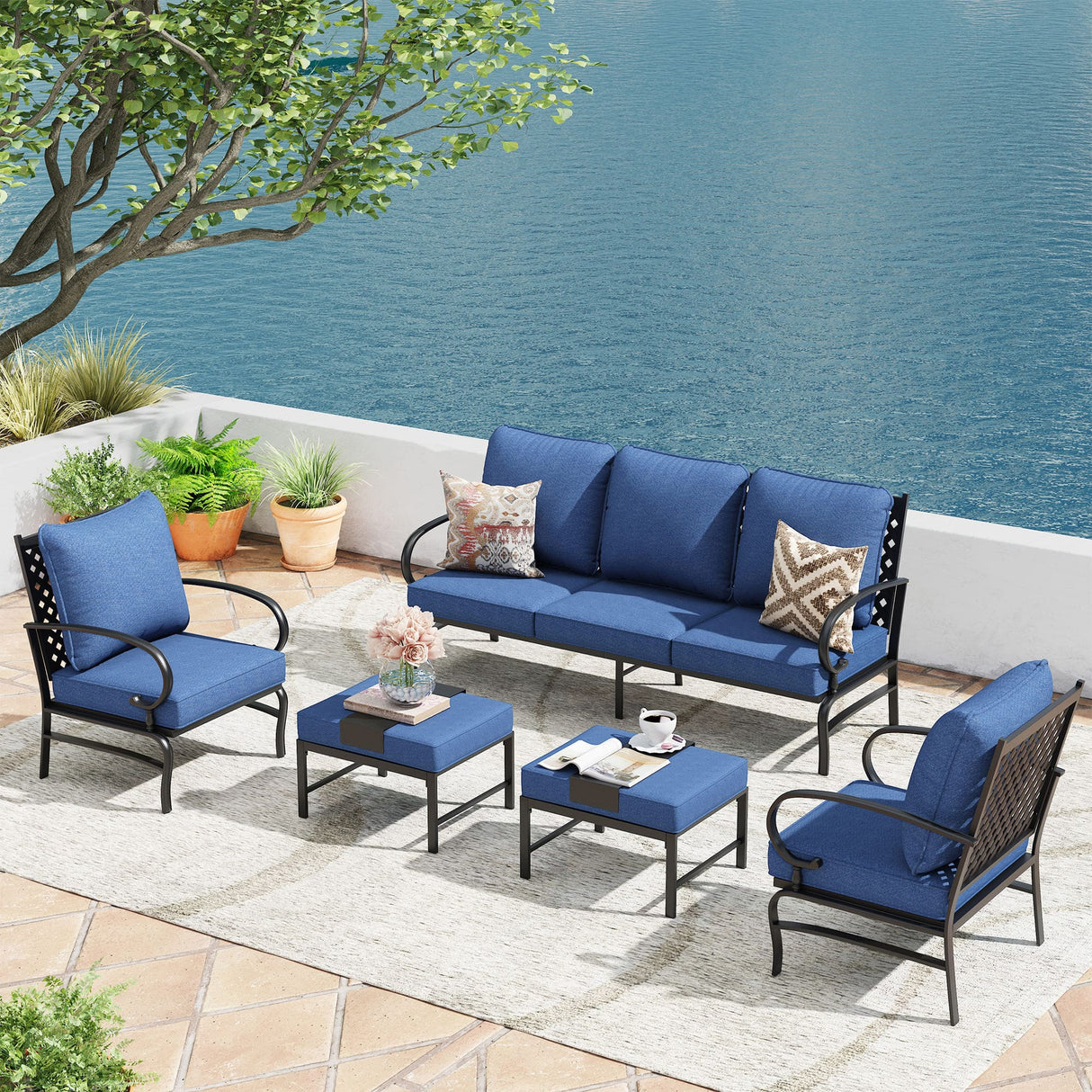 Vicllax Patio Conversation Set with Cushioned Sofa Chairs, Ottomans and Coffee Table(Beige or Navy Blue)