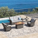 Vicllax Patio Wicker Oasis Lounge Set, 3-Seater, Swivel Chair with Fire table