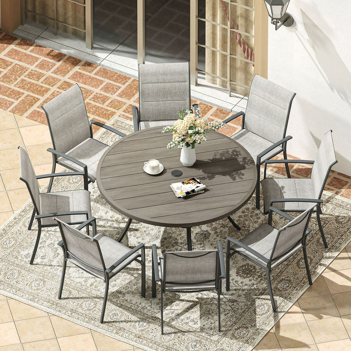 Vicllax 5/7/9 Pcs Outdoor Dining Set, Round Metal Table and Stackable Padded Chair