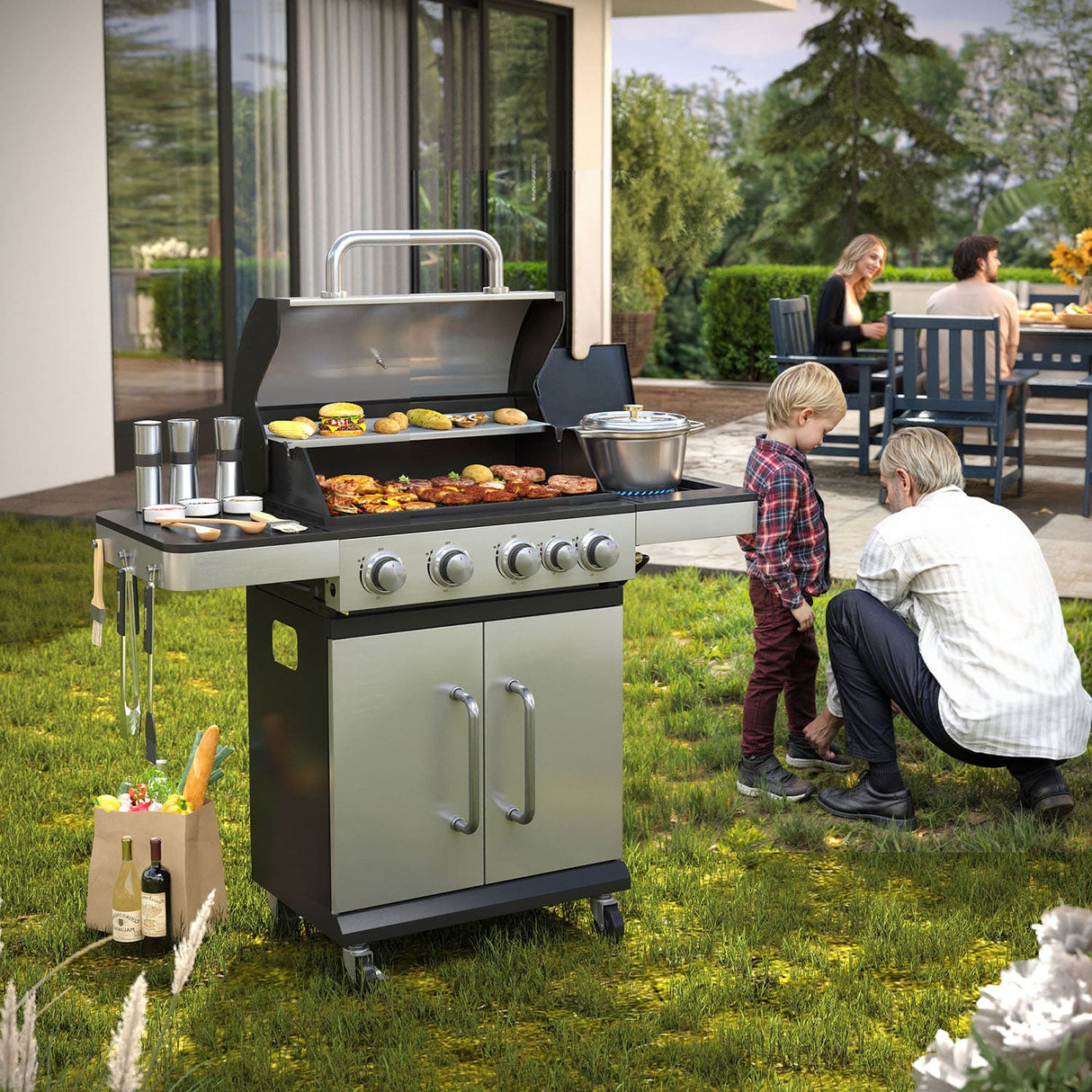 Vicllax BBQ Propane Gas Grill, Freestanding Grill Cart with Wheels