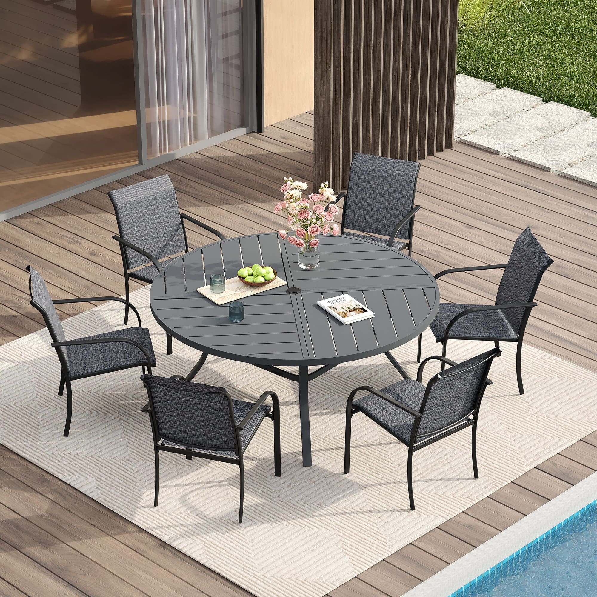 VICLLAX 7/9/11 PCS Patio Dining Table Set, Round Metal Table and Stackable Sling Chair