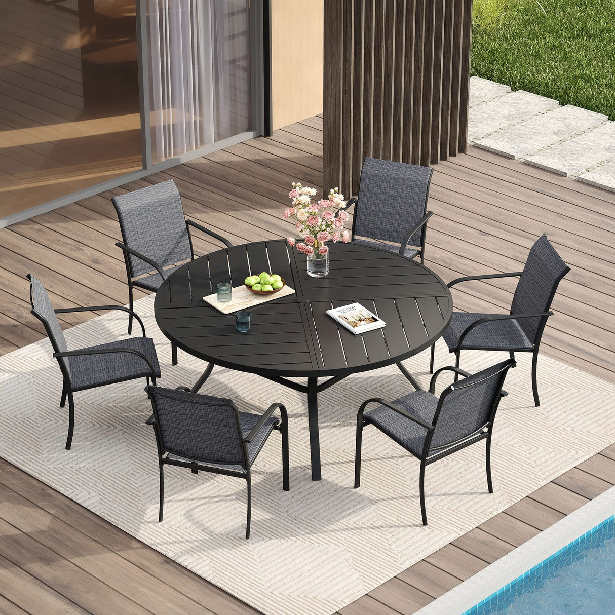 VICLLAX 7/9/11 PCS Patio Dining Table Set, Round Metal Table and Stackable Sling Chair