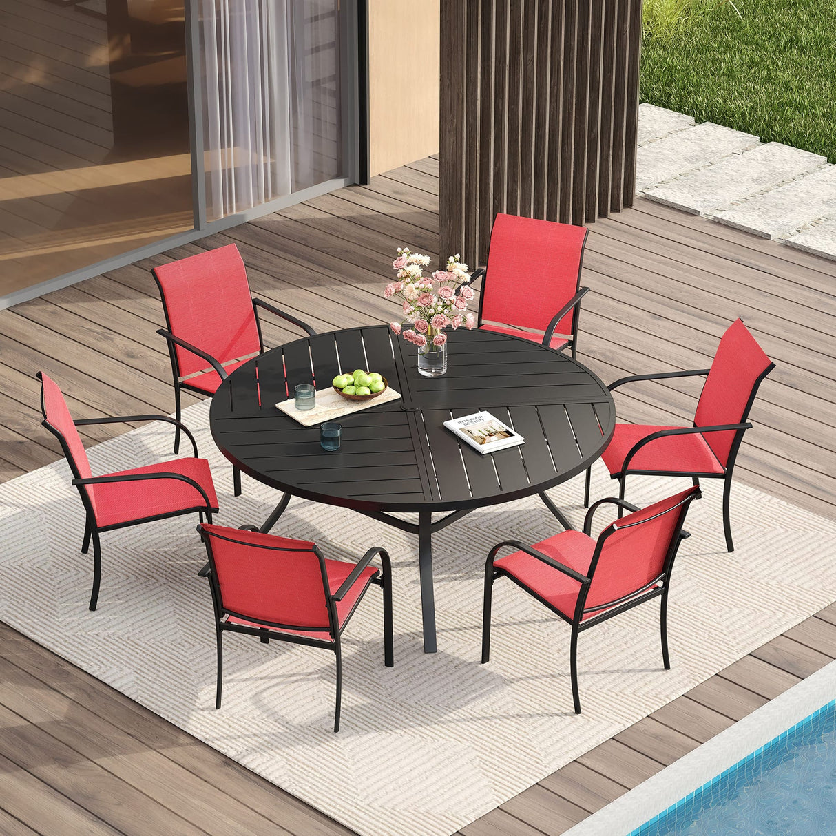 VICLLAX 7/9/11 PCS Patio Dining Table Set, Round Metal Table and Stackable Sling Chair