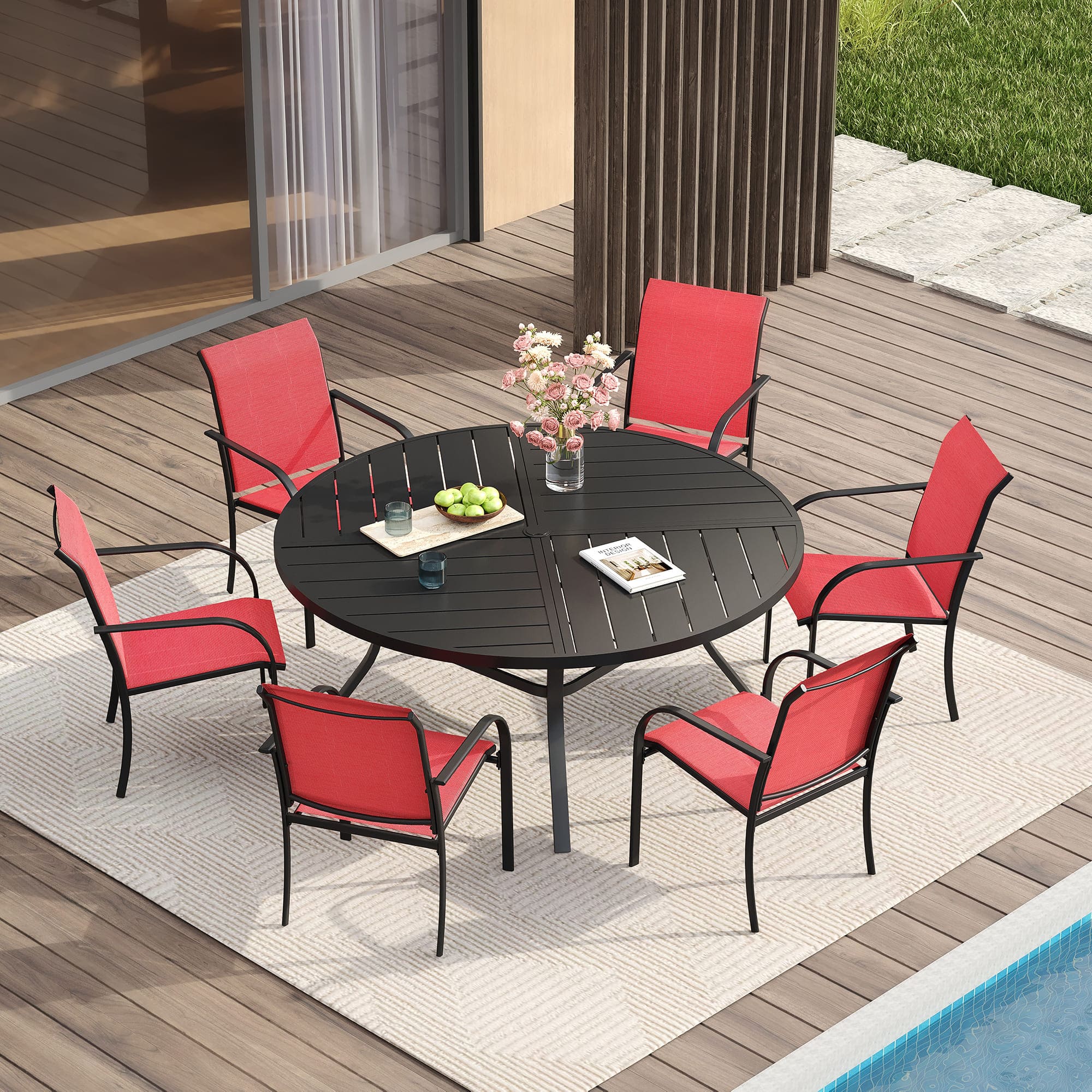 VICLLAX 7/9/11 PCS Patio Dining Table Set, Round Metal Table and Stackable Sling Chair
