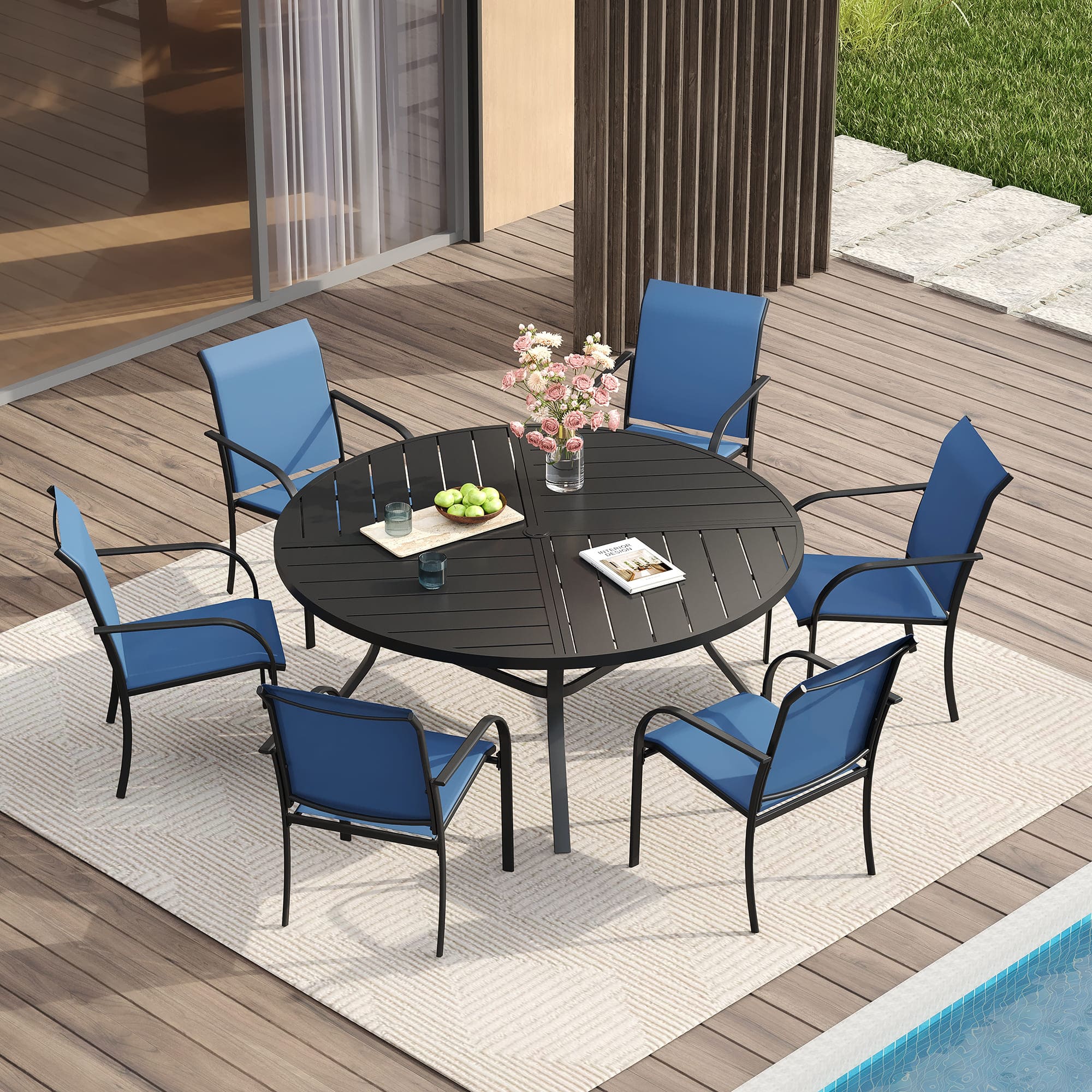 VICLLAX 7/9/11 PCS Patio Dining Table Set, Round Metal Table and Stackable Sling Chair