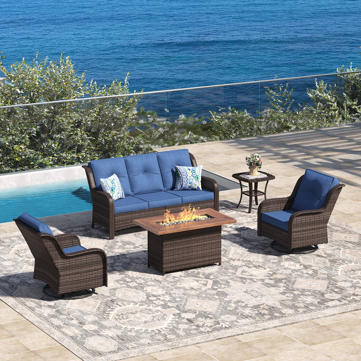 Vicllax Patio Wicker Oasis Lounge Set, 3-Seater, Swivel Chair with Fire table