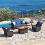 Vicllax Patio Wicker Oasis Lounge Set, 3-Seater, Swivel Chair with Fire table