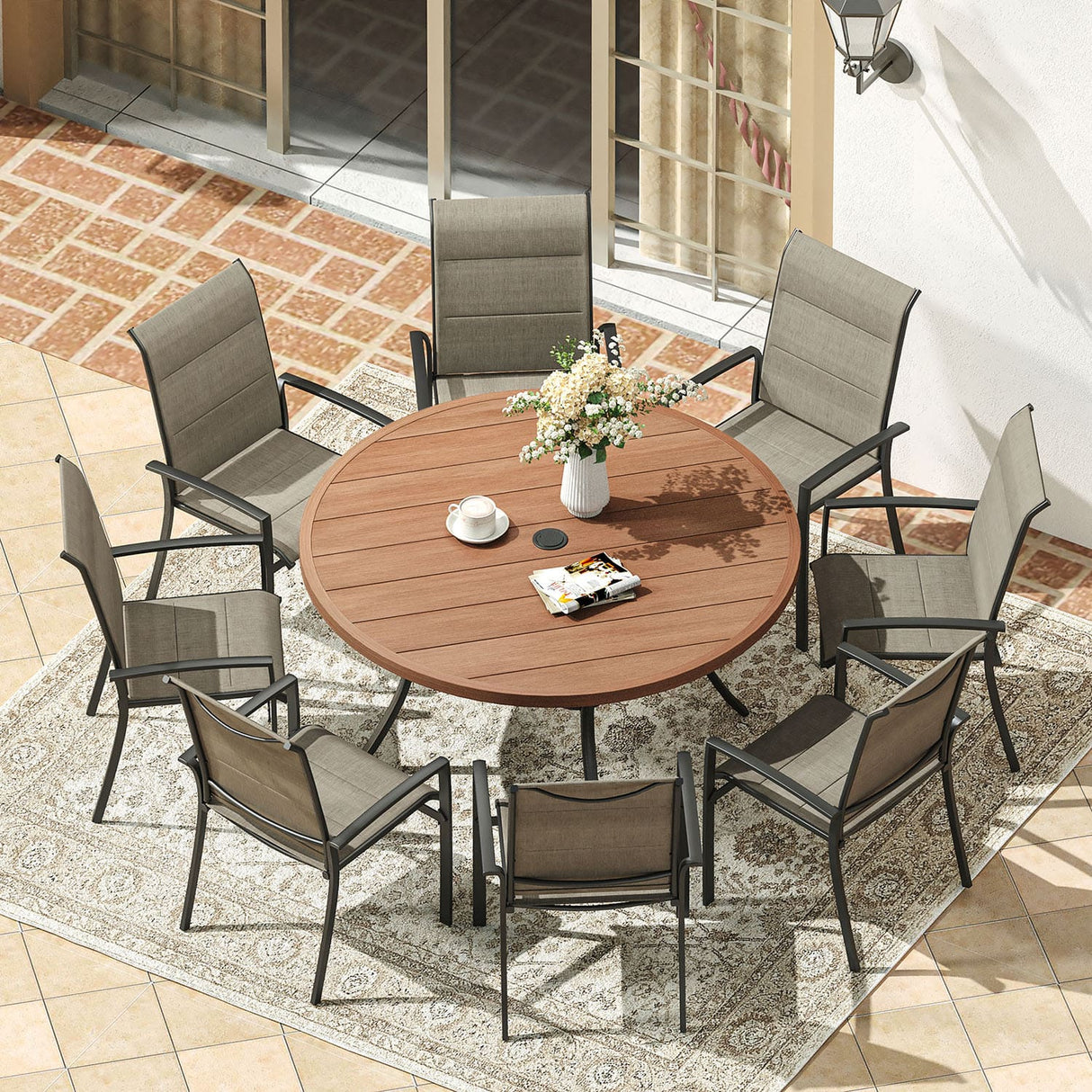 Vicllax 5/7/9 Pcs Outdoor Dining Set, Round Metal Table and Stackable Padded Chair