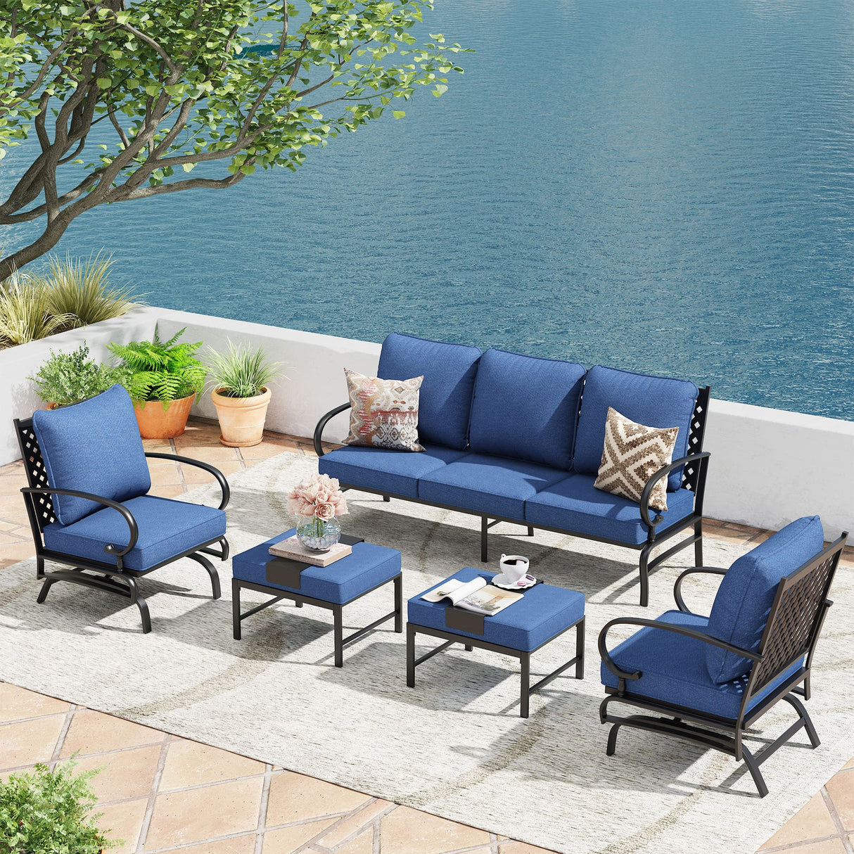 Vicllax Patio Conversation Set with Cushioned Sofa Chairs, Ottomans and Coffee Table(Beige or Navy Blue)